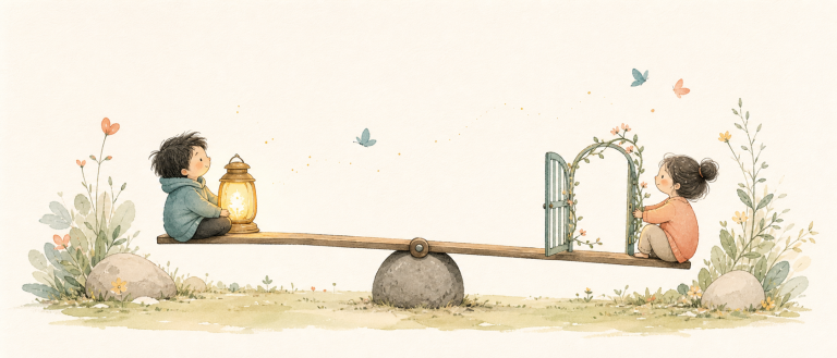 Whimsical illustration of an avoidant and anxious relationship as two characters adjusting a seesaw.